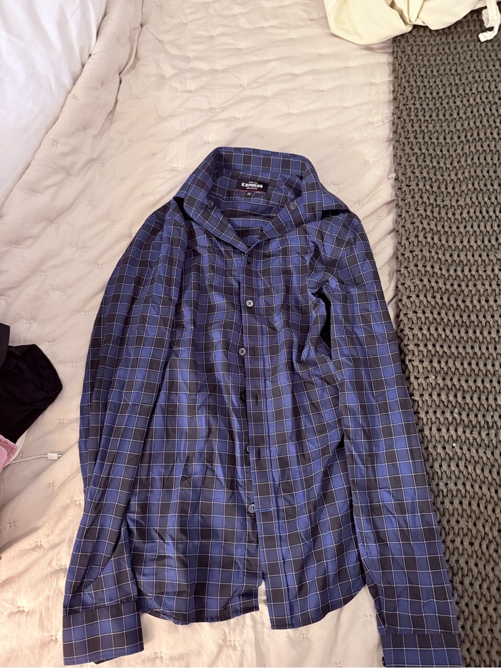 Express Men's Navy and Black Plaid Button-Down Shirt